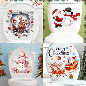 Santa Claus, Deer, Snowman Toilet Decals, 6 Styles Available For Bathroom Decoration,Stickers,Wall Decal,Vinly Decal For Home Decorations,Spring Decoration Items Refesh Your Home,Rama Decoration Stickers