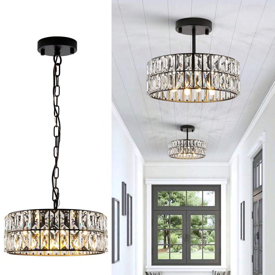 Crystal Pendant Light, 4-Light Modern Black Chandelier, 12" Small Crystal Semi Flush Mount Ceiling Light, Round Fixture For Kitchen Island, Foyer, Hallway - màu đen - Xem 1