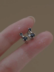 1對黑色方晶鋯石堆疊耳釘女士們珠寶和手錶S925純銀白色精細首飾類日常穿著禮物 - 銀色 - 查看 5