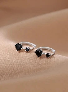1對黑色方晶鋯石堆疊耳釘女士們珠寶和手錶S925純銀白色精細首飾類日常穿著禮物 - 銀色 - 查看 6