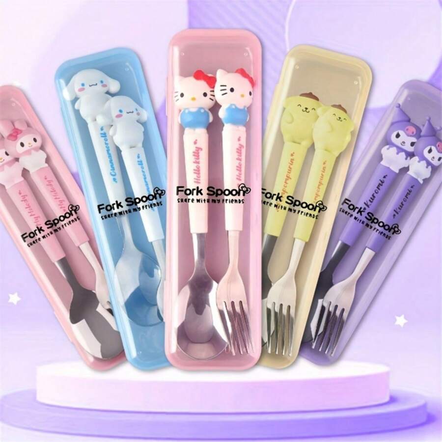 Sanrio 1 Set Stainless Steel Sanrio Hello Kitty Cartoon Fork And Spoon With Case, Cute Tableware Suitable For Home, Dorm, Camping, Picnic