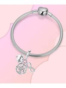 镀银吊坠，镂空心形树十字架家庭吊坠挂件，适合搭配手链，女性DIY饰品 - 銀色 - 查看 2