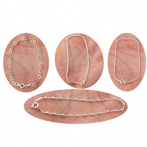 Kit 4 Pulseiras Prata Legitima 925 Coração Elos Bolinha Cordão Baiano Torcido E Pipoquinha