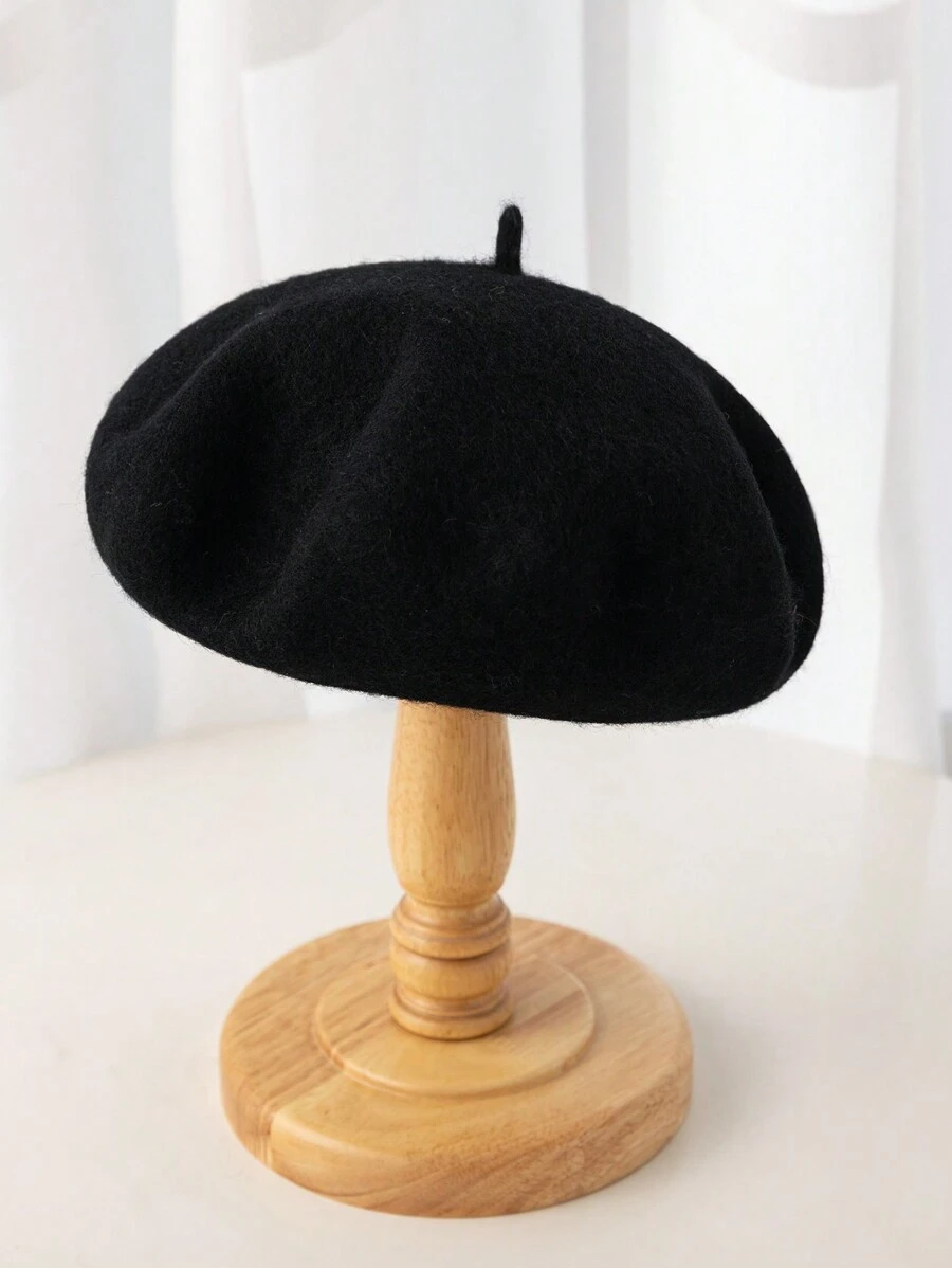 1 件女士纯色针织毡贝雷帽，优雅日式设计，适合日常穿着和购物复古休闲、学校万圣节 - 黑色 - 查看 1