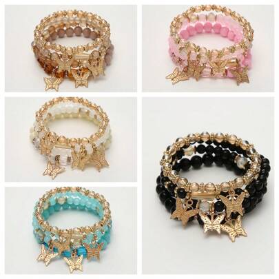 4 件儿童蝴蝶串珠手链套装，波西米亚风格闪光串珠手链时尚女孩珠宝配饰，可调节