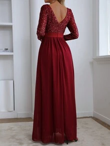 Elegant Women's Long Beaded Evening Party Dress Formal Gown, Long Sleeve Semi Formal Prom Dress, For Birthday, Wedding Guest, Graduation Homecoming