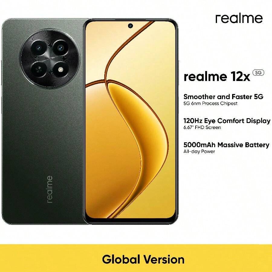 Realme 12X 5G 解锁手机 8GB+256GB 全球版，5G LTE，Andriod 14 智能手机，50MP AI 摄像头，120Hz 显示屏手机，速度快 Dimensity 6100+ 5G 芯片组