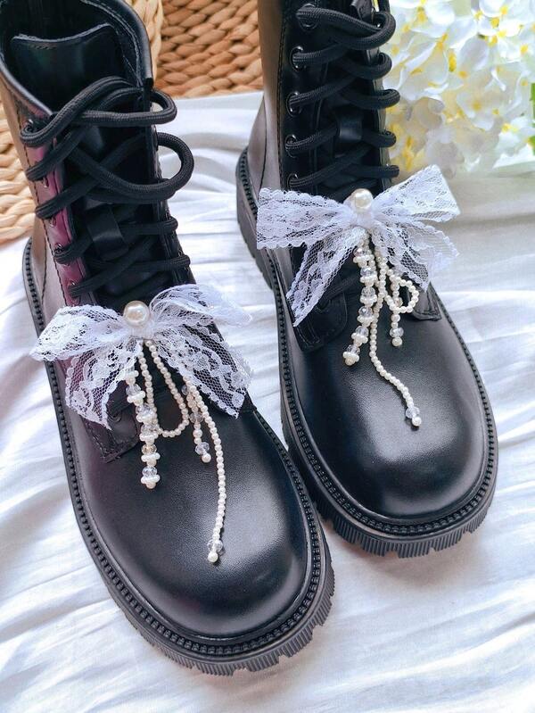 2pcs Shoe Accessories - 1. White Lace Shoelaces Clips, 2. White 3D Pearl Butterfly Beaded Shoe Charm, Detachable Decoration For Sneakers/Boots Etc.