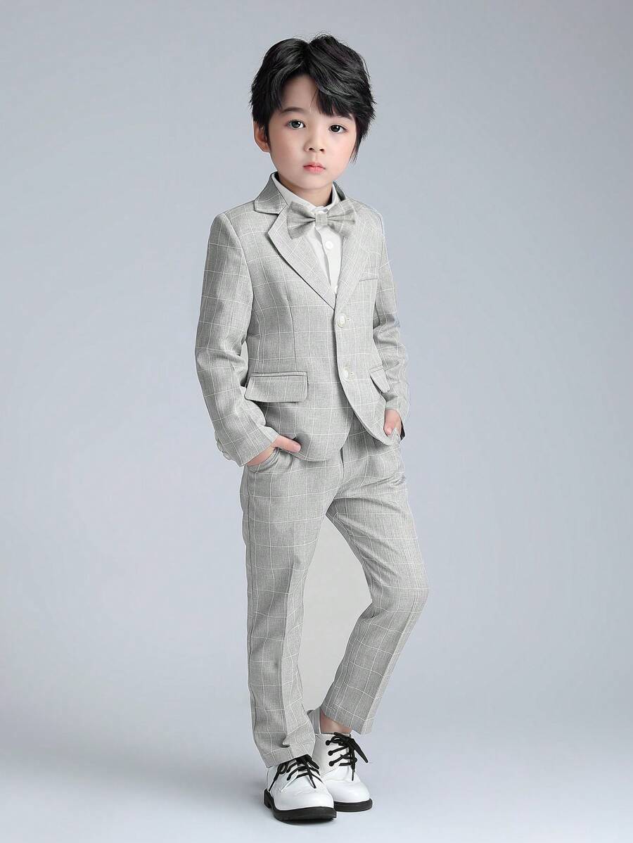 Conjunto de 3 piezas de traje de cuadros para niño pequeño, que incluye chaqueta, pantalones y corbata de moño para ocasiones formales, bodas, actuaciones y la escuela, otoño - Gris - Ver 1