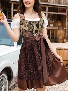 Yesfashion Women 3 Pieces Bavarian Oktoberfest Costumes Traditional Vintage German Dirndl Dress - 棕色 - 查看 2