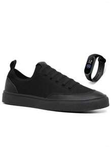 Kit Tenis Casual Sapatenis Cano Baixo Calce Facil Cadarço Elástico Confortável Leve Unissex + Relogio - Preto - Visão 1