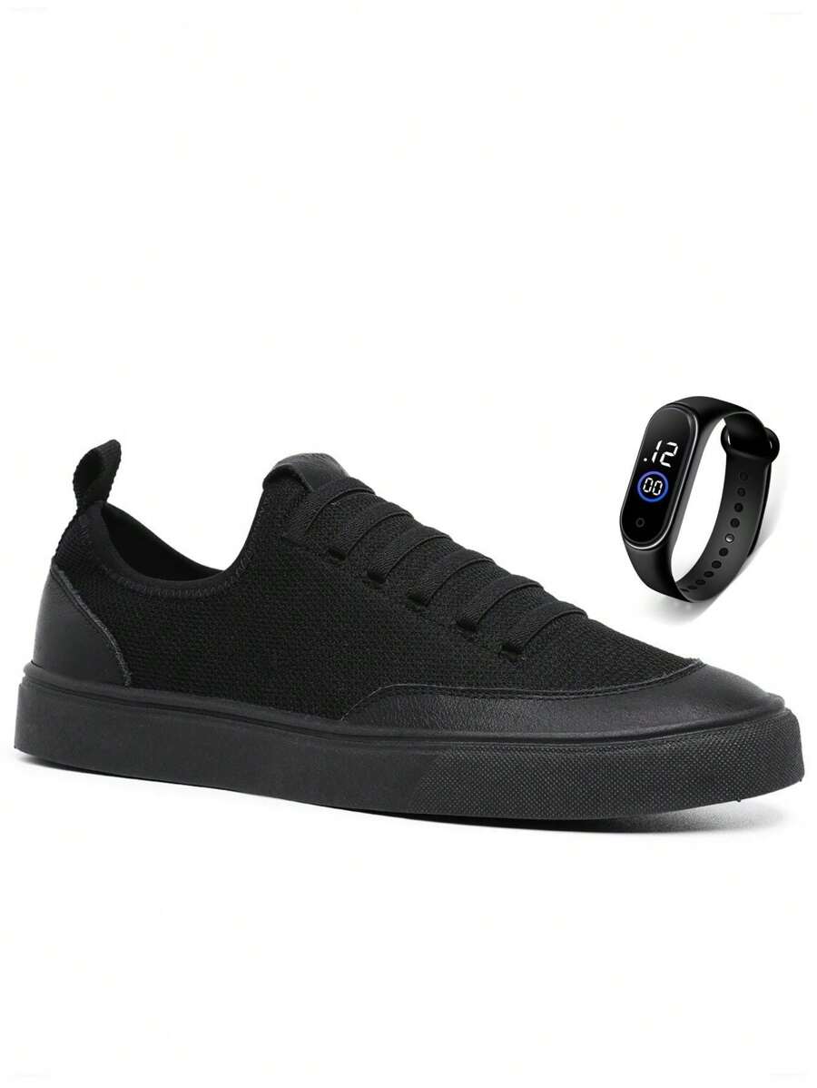 Kit Tenis Casual Sapatenis Cano Baixo Calce Facil Cadarço Elástico Confortável Leve Unissex + Relogio - Preto - Visão 1