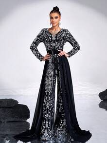 Missord 女士春秋 V 领长袖花卉亮片连体裤、派对装