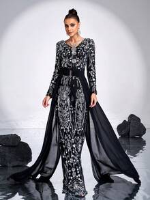 Missord 女士春秋 V 领长袖花卉亮片连体裤、派对装