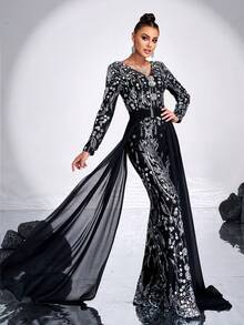 Missord 女士春秋 V 领长袖花卉亮片连体裤、派对装