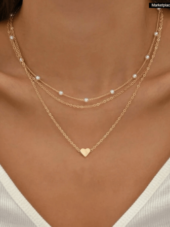 3-Layer Necklace Set, Minimalist Heart Shaped Faux Pearl Necklace For Women, Suitable For Dates, Gatherings, Vacations, Everyday Wear, Holiday Gifts