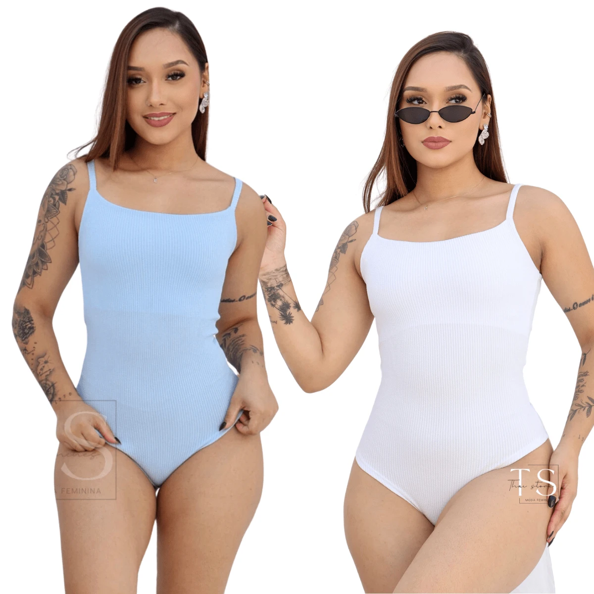 KIT 2 Women's Bodysuit With Thin Straps Premium Ribbed Terrycloth Straps - WHITE aND BABY BLUE - View 1