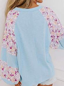 Boho Retro Vintage 60's Vibe Cream Cotton Raglan Lantern Bubble Puff  Sleeve  Floral Rib Patchwork Top Sweat Shirt Blouse - 藍色 - 查看 2