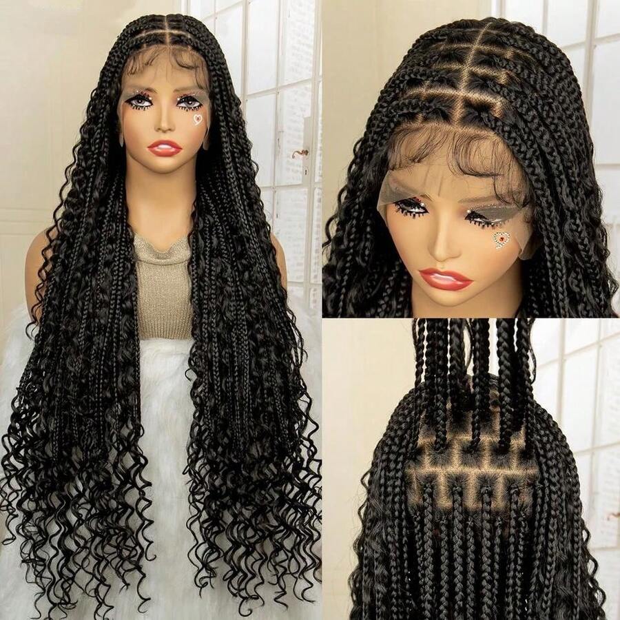 36-Inch Long Boho Braided Wigs, Full Lace Synthetic Wig With Baby Hair Braided Box Wave Curly Lace Front Wig
