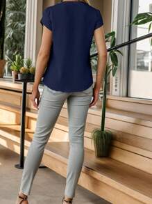 Women's Casual Tops Blouses Button Down Shirts Cap Sleeve V Neck T-Shirt - 藏蓝色 - 查看 4