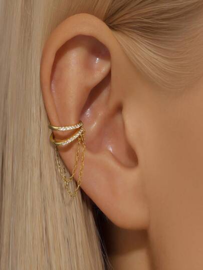 1 Stück zweistufiges Design 925 Sterling Silber Ohrringe für Frauen, luxuriöse Kette mit Quaste Ohrclips, geeignet für Hochzeit und Brautschmuck