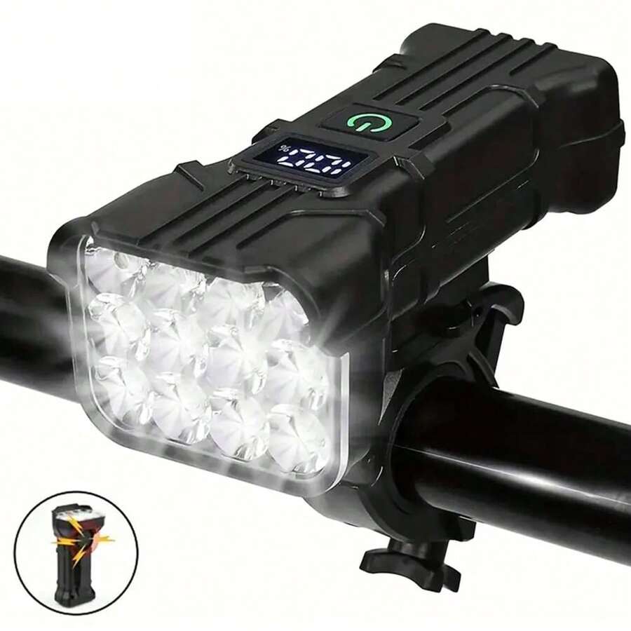 1 pieza Luz frontal de bicicleta con 12 LED recargable por USB, bocina de 140 dB y pantalla digital - Negro - Ver 1