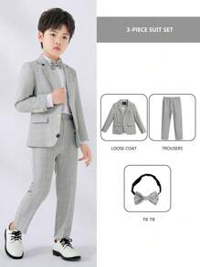 Conjunto de 3 piezas de traje de cuadros para niño pequeño, que incluye chaqueta, pantalones y corbata de moño para ocasiones formales, bodas, actuaciones y la escuela, otoño - Gris - Ver 4