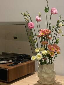 Mustard Yellow Ceramic Asymmetrical Textured Flower Vase For Home Decor, Large Opening Vase For Living Room/Dining Table Decoration - Cream Yellow - View 7