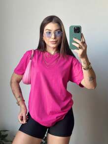 Kit 4 Basic Tshirt Women's Blouse Cotton Baby Look T-Shirt Comfortable Versatile Basic Plain Round Neck T-Shirt Kit - Màu Hồng Tươi - Xem 3