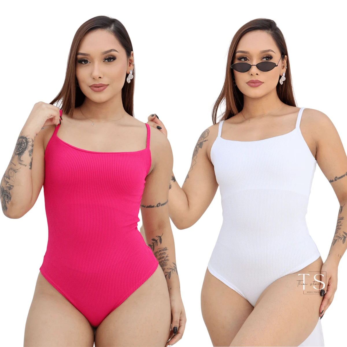 KIT 2 Women's Bodysuit With Thin Straps Premium Ribbed Terrycloth Straps - WHITE aND PINK - View 1