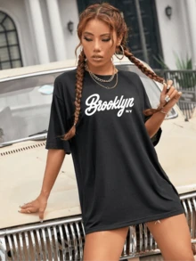 Oversized Streetwear T-Shirt With Brooklyn, NY Print 100% Cotton - 黑色 - 查看 1