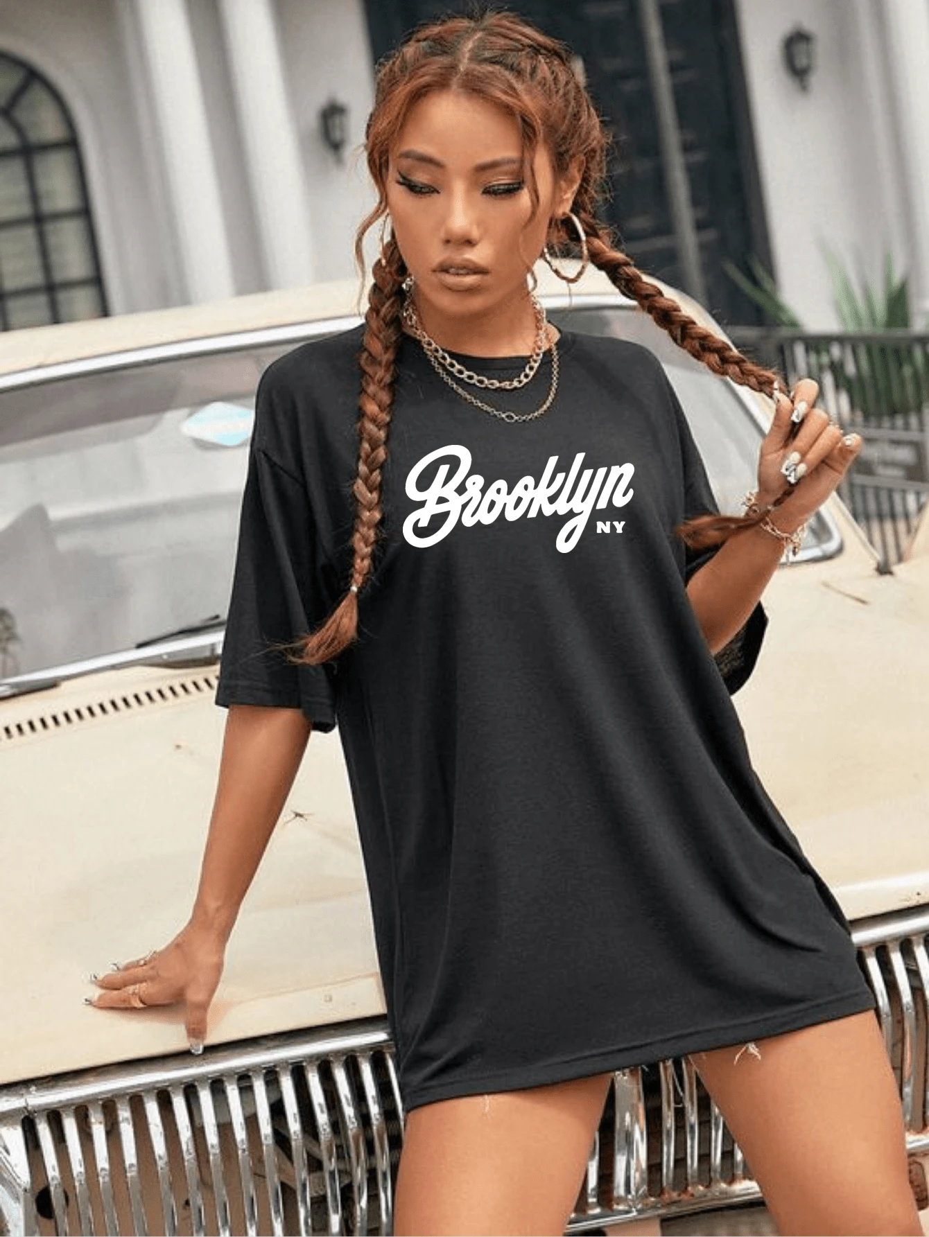 Oversized Streetwear T-Shirt With Brooklyn, NY Print 100% Cotton - 黑色 - 查看 1