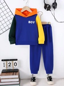 2 stuks Young Boy Casual Minimalist Letter Print Colorblock Hoodie & Effen Kleur Broek Set, Herfst Winter