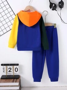 2 stuks Young Boy Casual Minimalist Letter Print Colorblock Hoodie & Effen Kleur Broek Set, Herfst Winter
