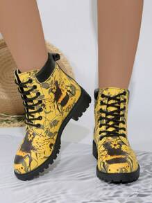Cross-Border Plus Size Autumn Winter Lace-Up Boots 3D Bumblebee Print British Style Mid-Calf Leather Boots Round Toe Women Casual Snow Boots Riding Shoes Match Any Corset