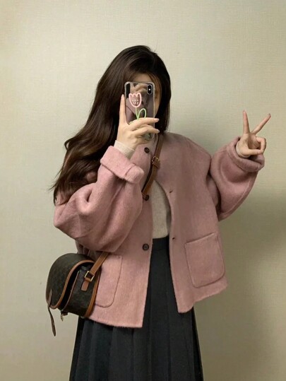 [Y6Y] 女士常规袖羊毛外套，纽扣前襟，带口袋，圆领，长袖，常规长度，适合圣诞节穿着