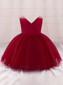 女婴纯色V领露背蝴蝶结网纱可爱婚礼花童礼服，适合一周岁生日，不含头饰 - 酒紅色 - 查看 2