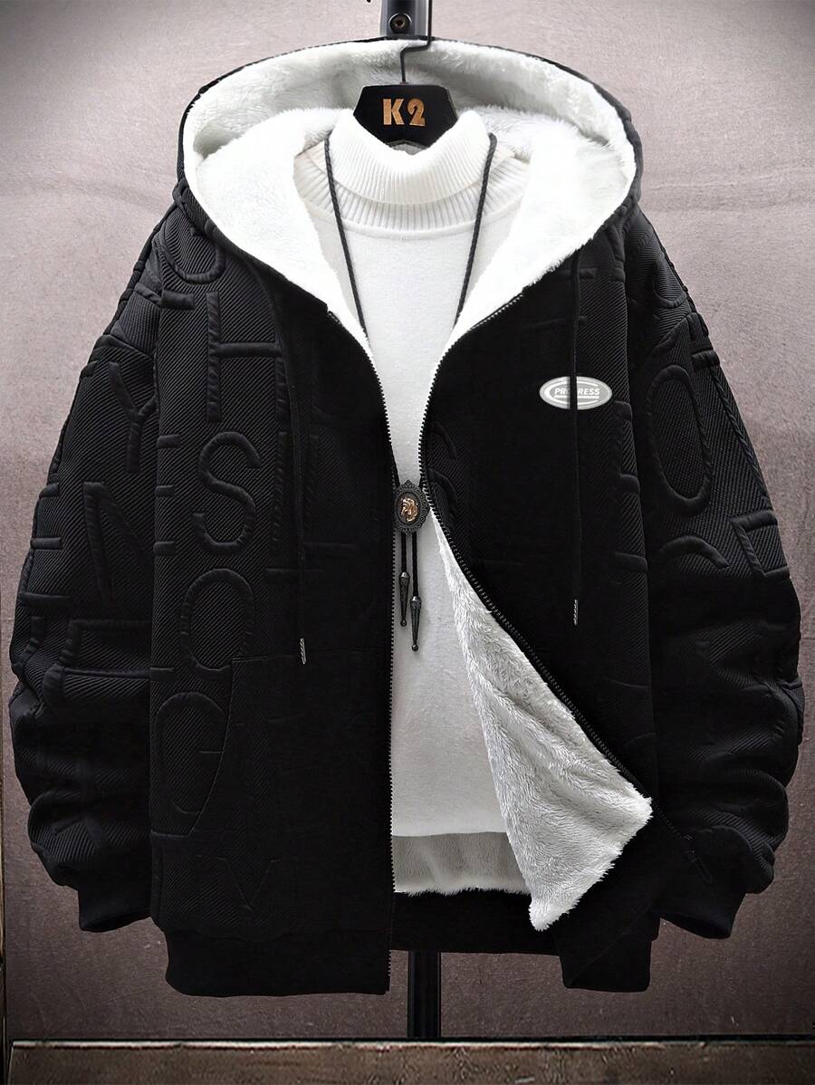 Men's Loose Fit Hooded Fleece Jacket, For Fall Winter, Grunge - Black - View 1
