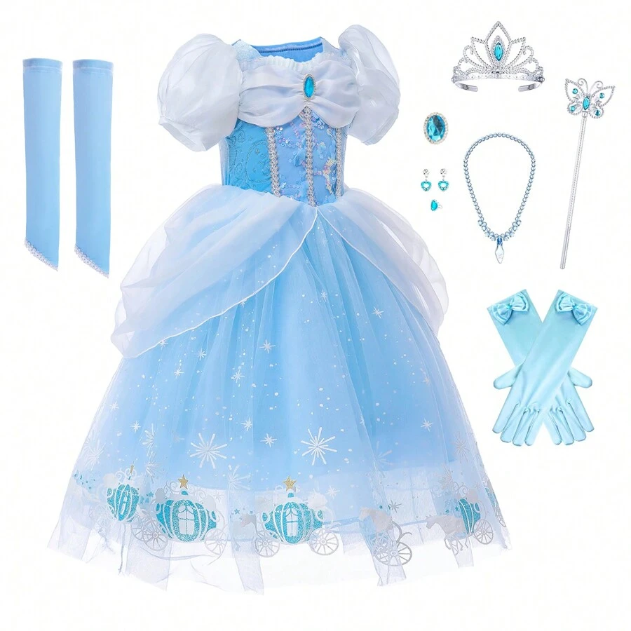 Princess Dress For Girls Carnival Halloween Party Outfit With Accessory - 藍白色 - 查看 1