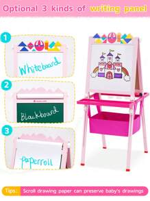 Kids Easel Wooden Kids Art Easel Double-Sided Standing Easel For Kids Height Adjustable Preschool Art Easel With Paper Roll,Storage Box, Watercolor Pen,For 2-15 Years Old (Pink)