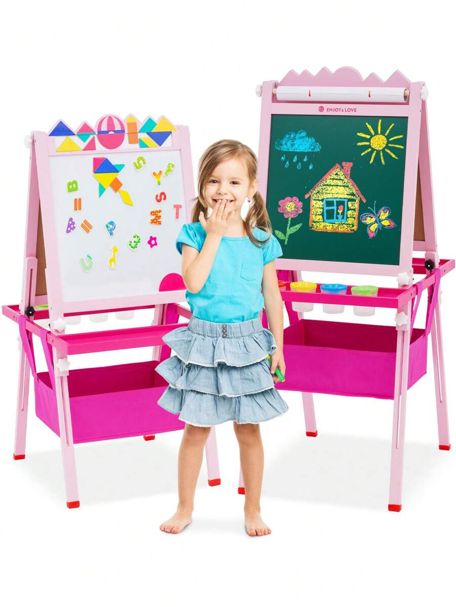Kids Easel Wooden Kids Art Easel Double-Sided Standing Easel For Kids Height Adjustable Preschool Art Easel With Paper Roll,Storage Box, Watercolor Pen,For 2-15 Years Old (Pink)
