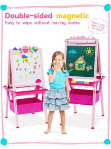 Kids Easel Wooden Kids Art Easel Double-Sided Standing Easel For Kids Height Adjustable Preschool Art Easel With Paper Roll,Storage Box, Watercolor Pen,For 2-15 Years Old (Pink)