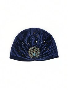 1 pieza Sombrero turbante con pedrería de pavo real, estilo vintage de los años 20 Gatsby, gorro turbante plisado de punto para mujer, gorro para dormir - Multicolor - Ver 9