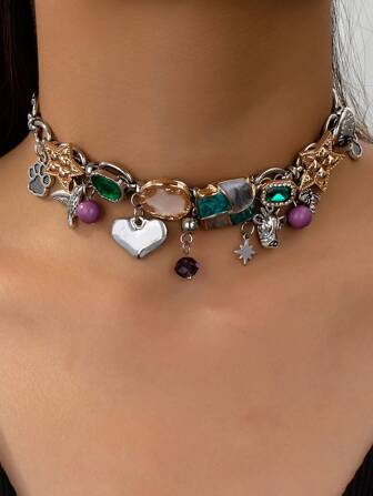 1pc Boho Bird & Bull Head Enamel Asymmetrical Metal Pendant Necklace For Women