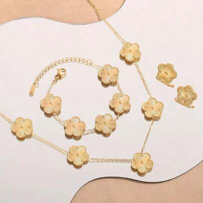 Juego de joyería de trébol de acero inoxidable - pulsera, collar, aretes para mujeres