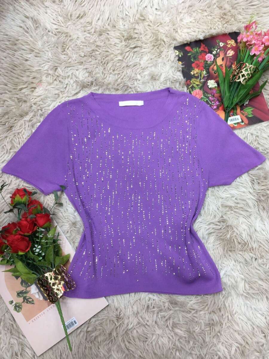 Short Sleeve Cropped Top With Rhinestones In Imported Modal, Shiny Stones. One Size. - Lilac Purple - View 1