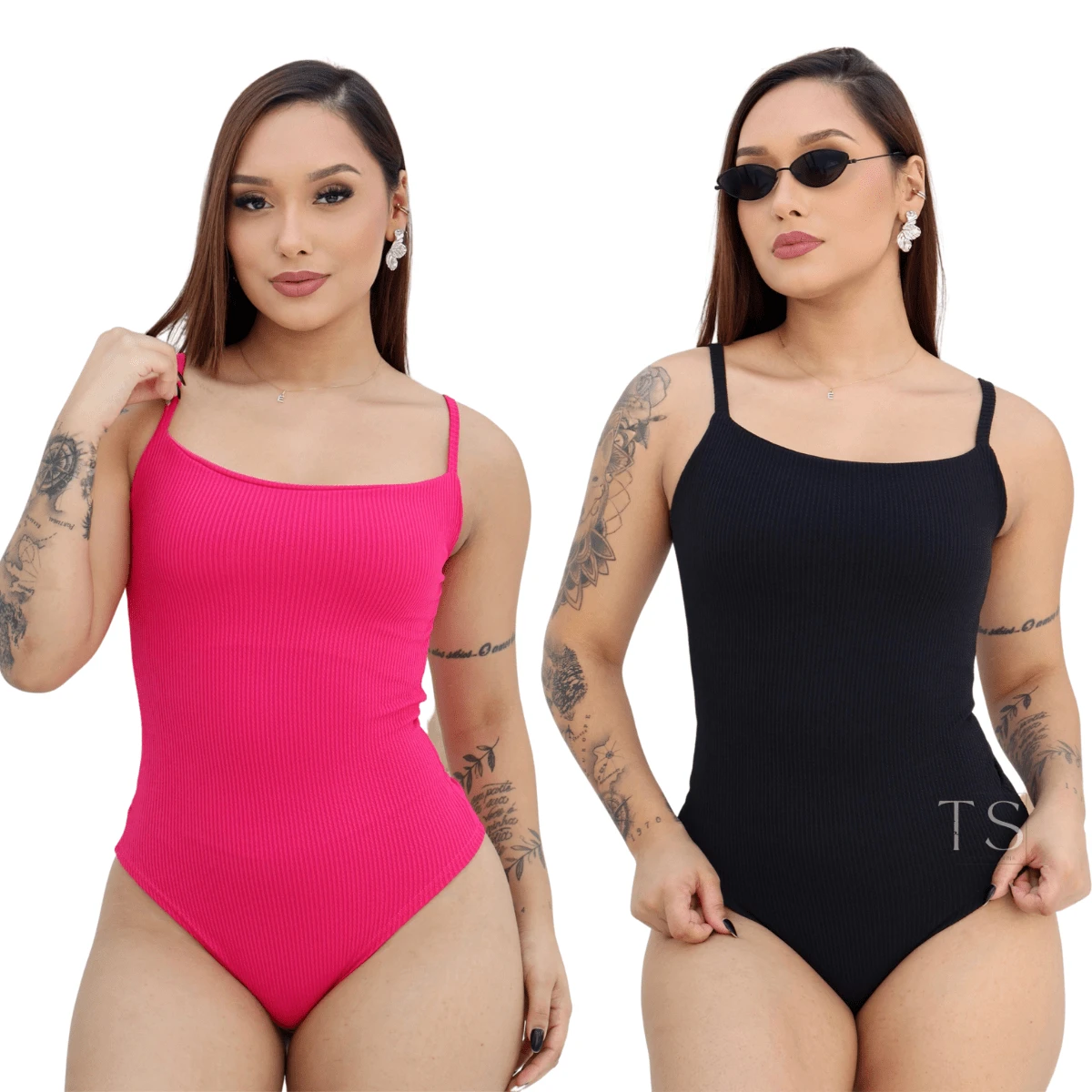 KIT 2 Women's Bodysuit With Thin Straps Premium Ribbed Terrycloth Straps - BLACK aND PINK - View 1