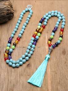 8 毫米绿松石 7 脉轮 108 颗念珠串珠项链冥想瑜伽祈祷珠宝 Japamala 男女皆宜 - 彩色 - 查看 8