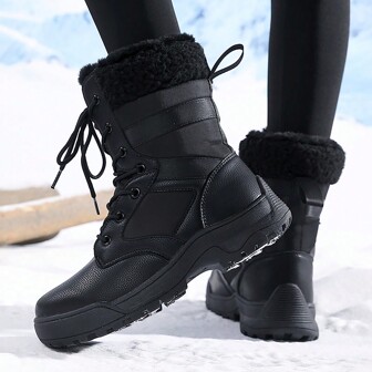 2024 Winter New Women Snow Boots Fashion Plush Mid-Calf Boots Outdoor Sport Lace-Up Hiking Boots Warm Winter Shoes Black Boots