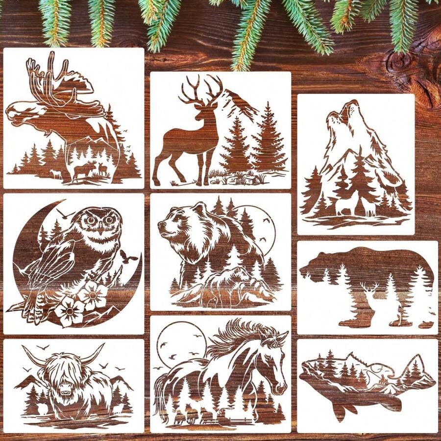 9pcs Animal Wood Burning Stencils For Painting 12" Deer Stencils Horse Stencil Bear Wolf Moose Drawing Templates For T-Shirt Fabric Wood DIY Crafts,Back To School,School Supplies - White - View 1